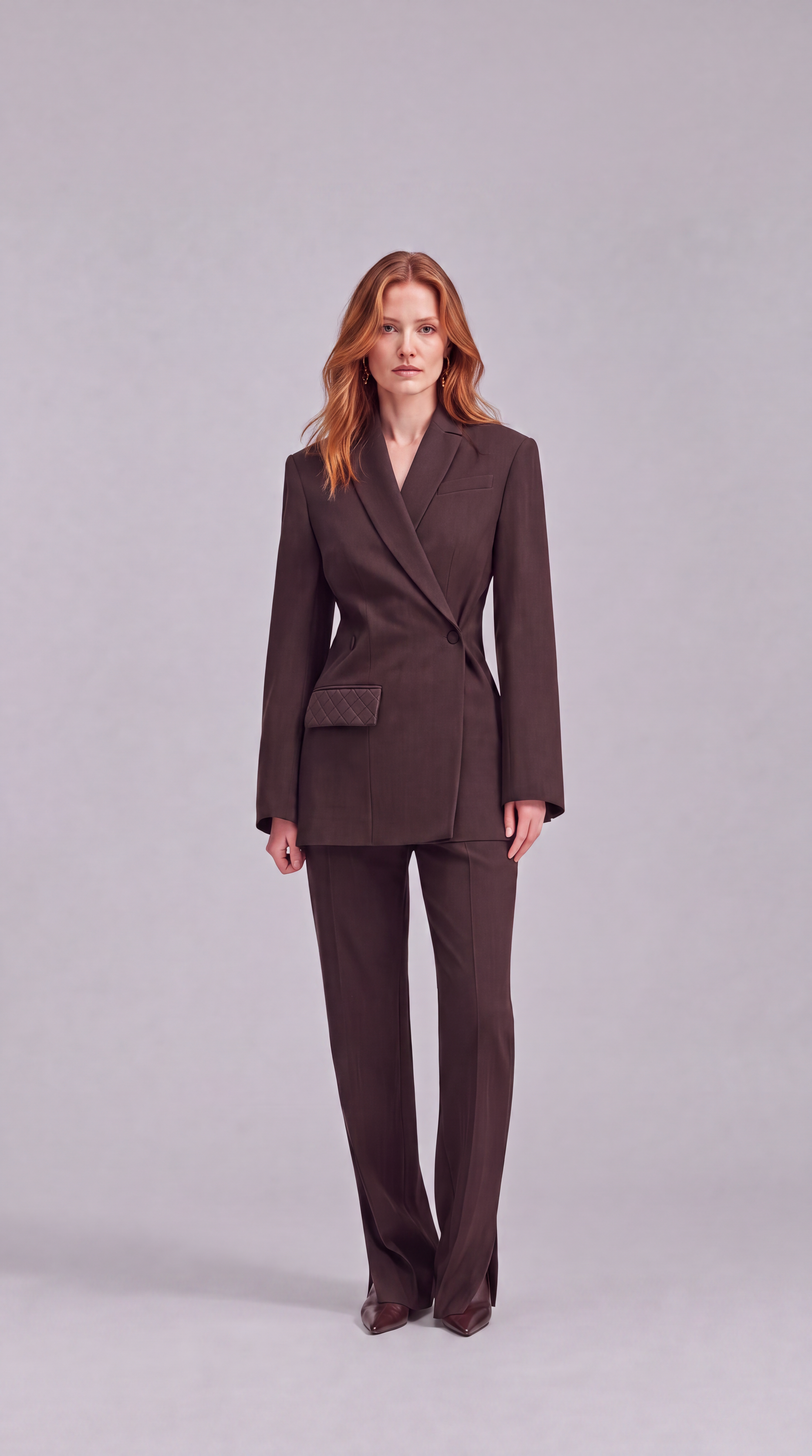 PRE-ORDER | Chocolate brown blazer with an asymmetrical button closure.